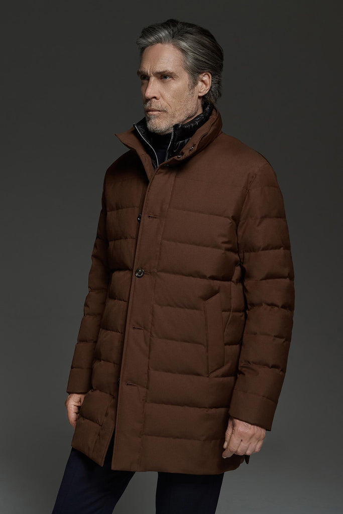 Cappotto uomo invernale marrone, in tessuto tecnico membranato e imbottito in piuma | Montecore